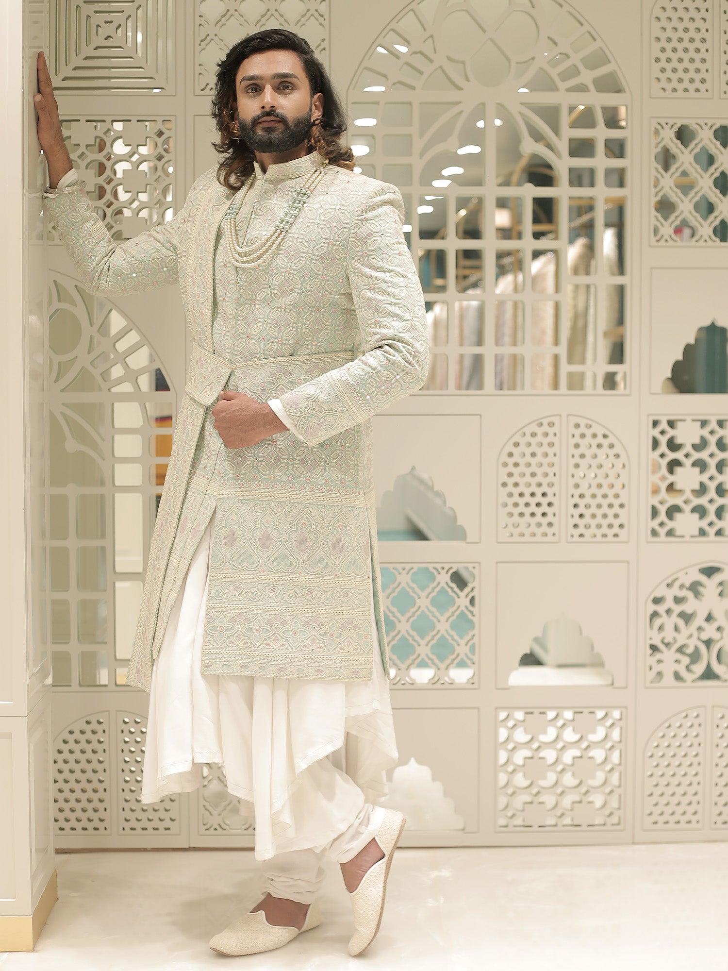Aadhik Off Blue Sherwani with Dupatta