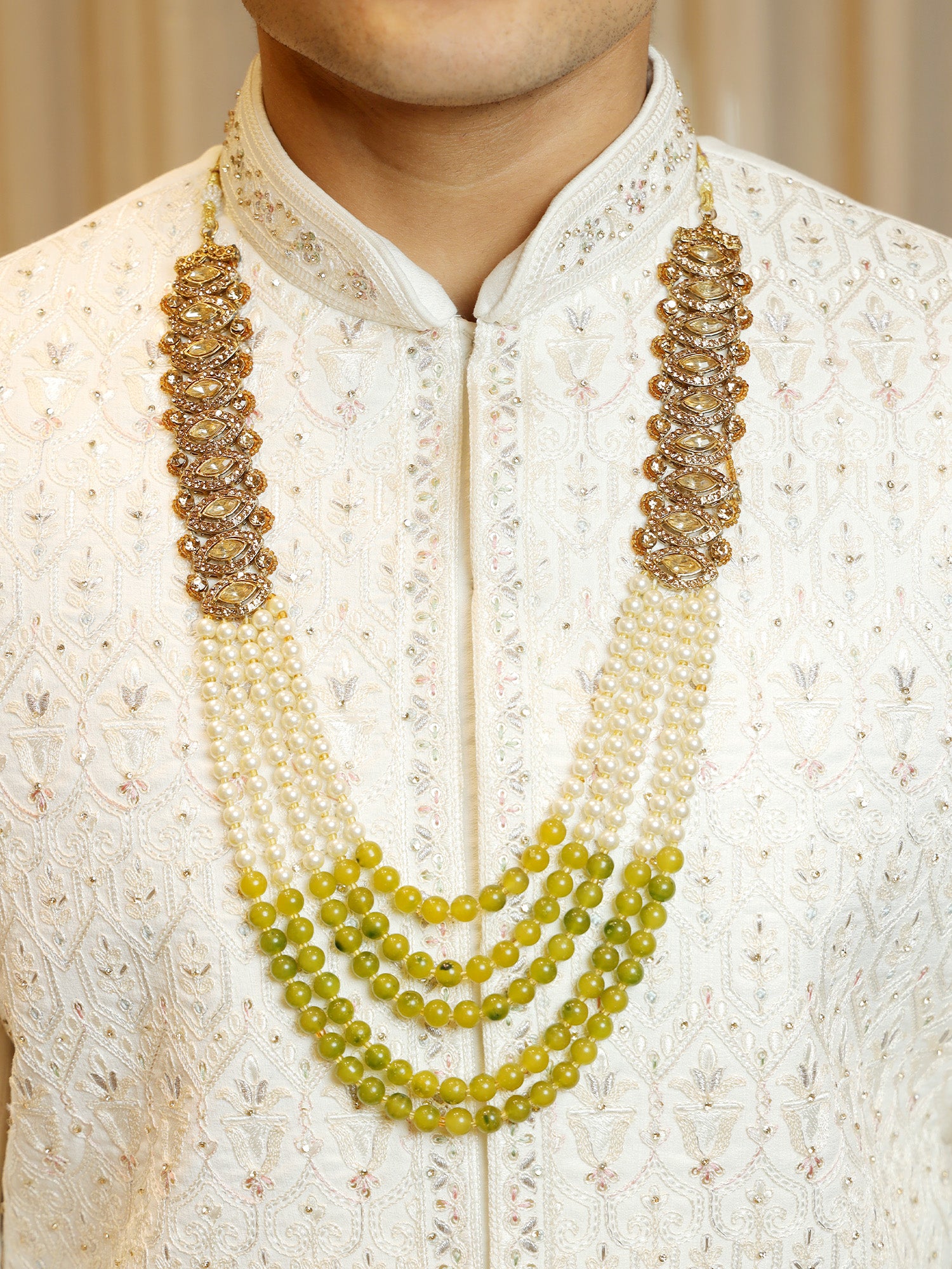 Emerald Medallion Mala with Golden Pearls