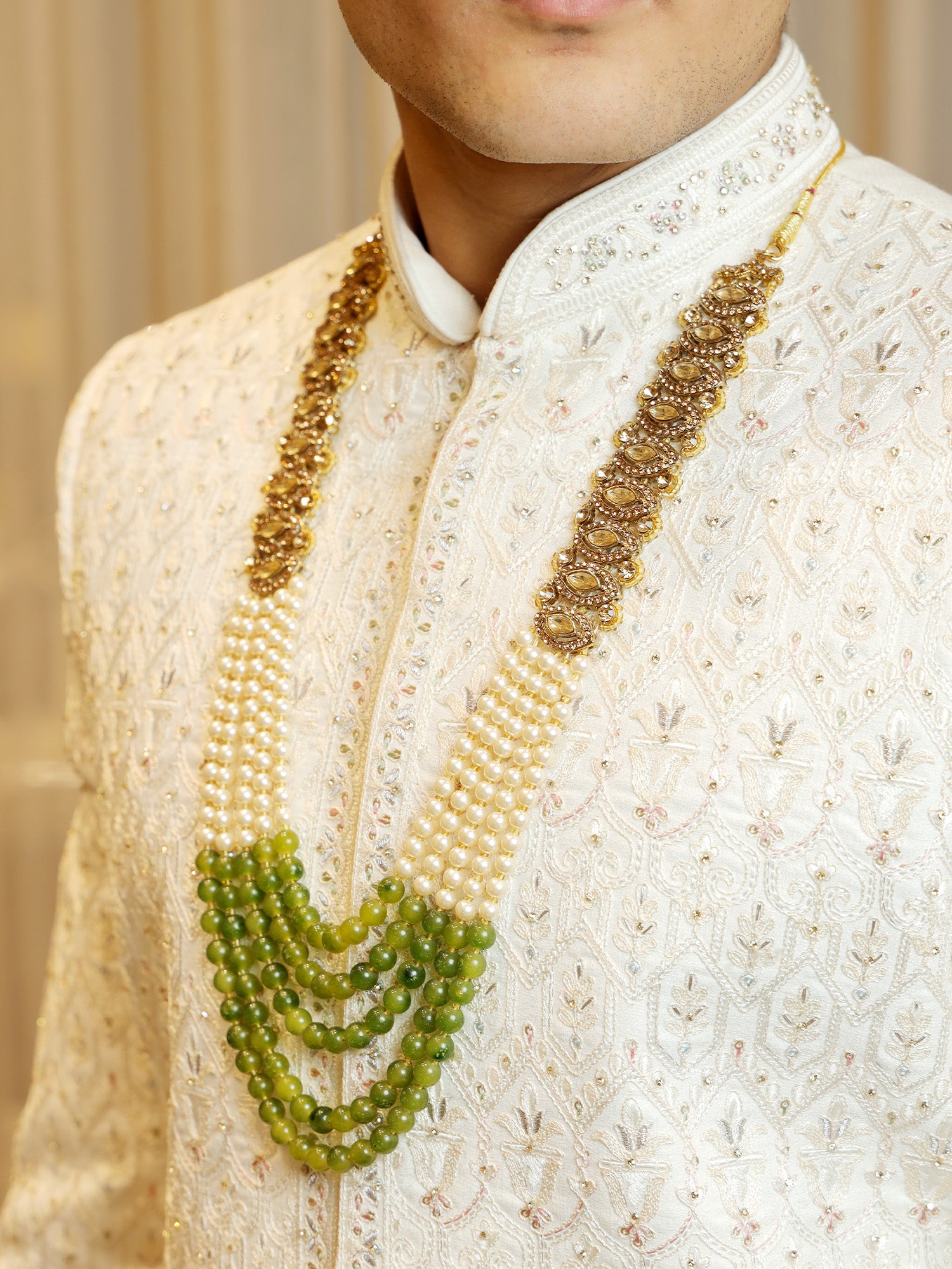 Emerald Medallion Mala with Golden Pearls