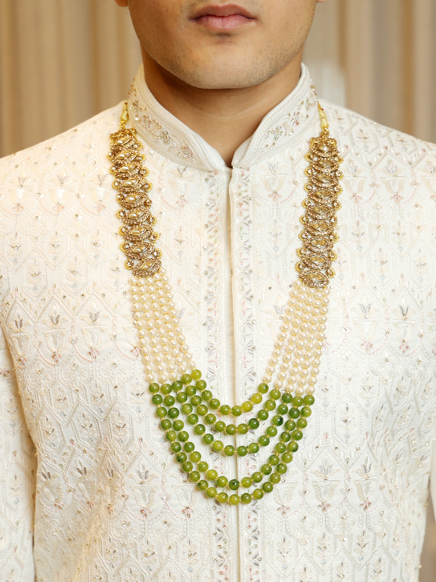 Emerald Medallion Mala with Golden Pearls
