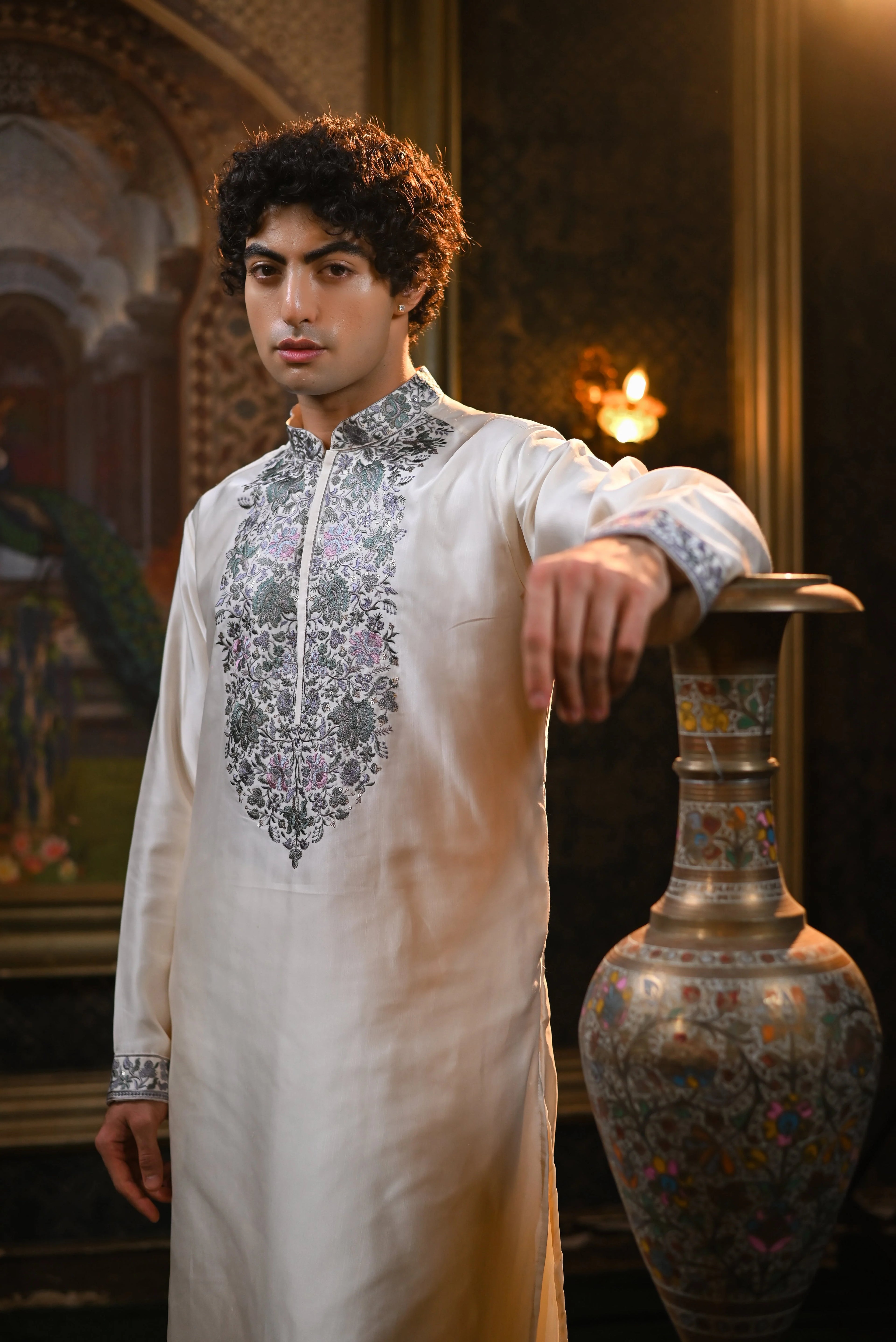 Grace Green Embroidery Off White Kurta Set