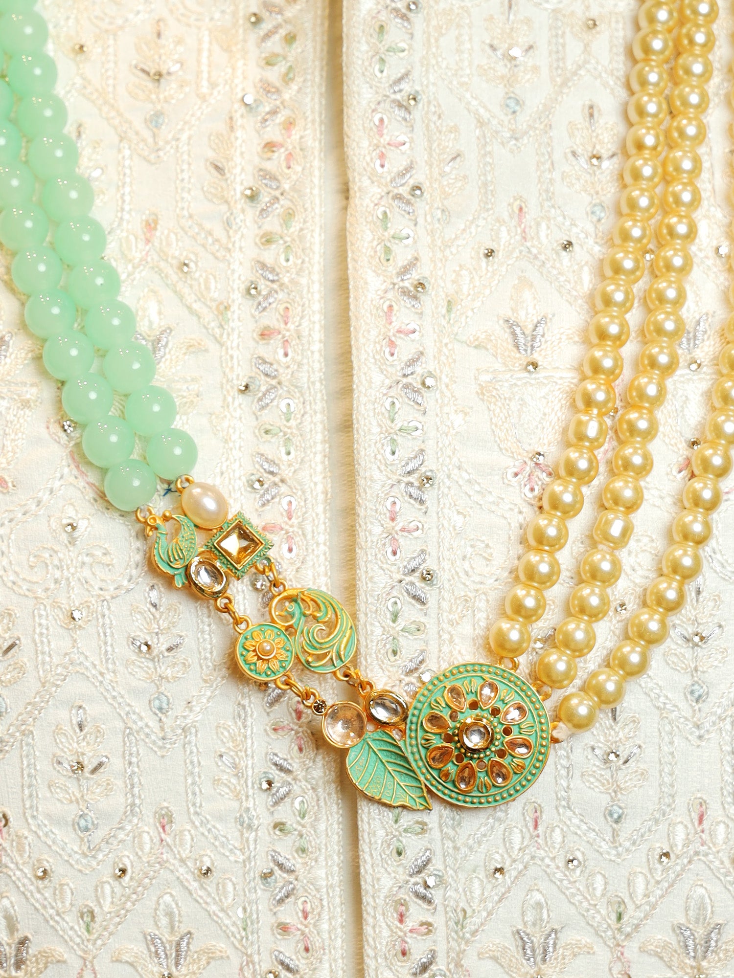 Sea Mist Jade Mala with Golden Pearl Streams