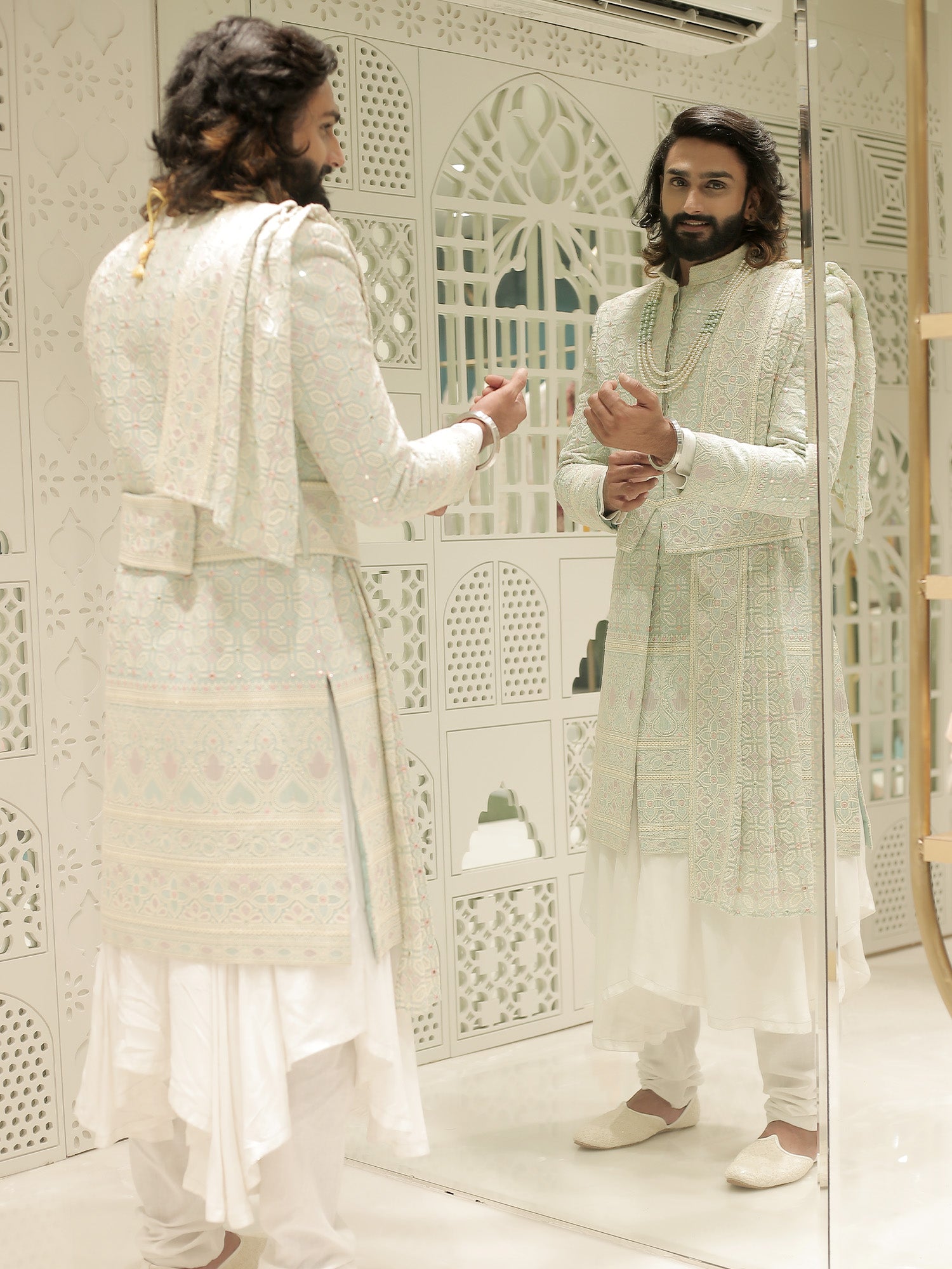 Aadhik Off Blue Sherwani with Dupatta