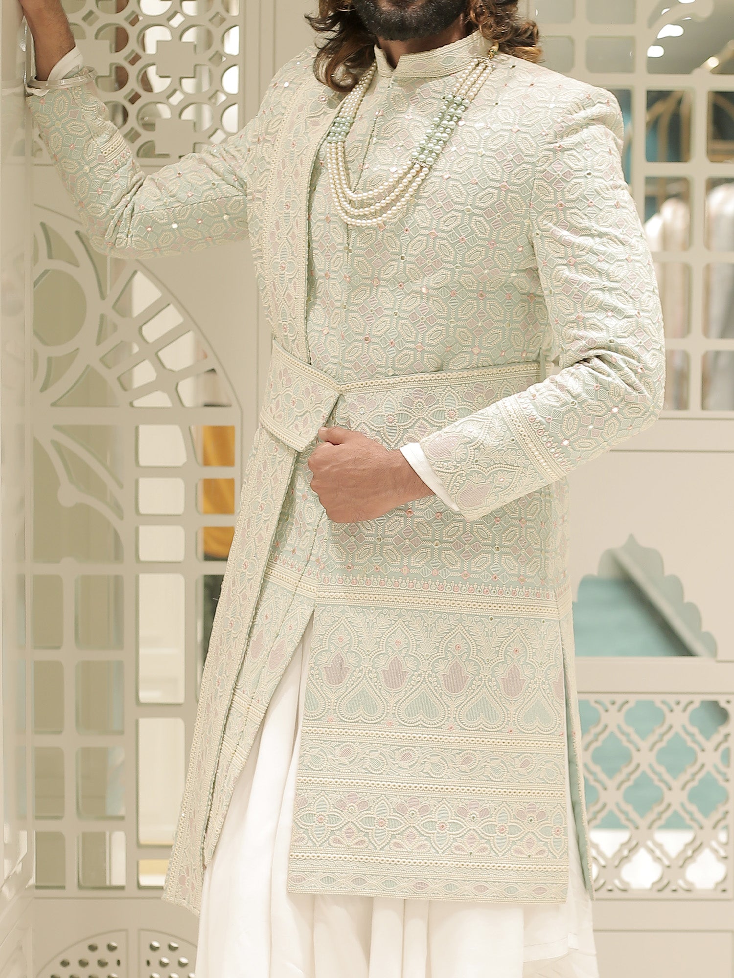 Aadhik Off Blue Sherwani with Dupatta