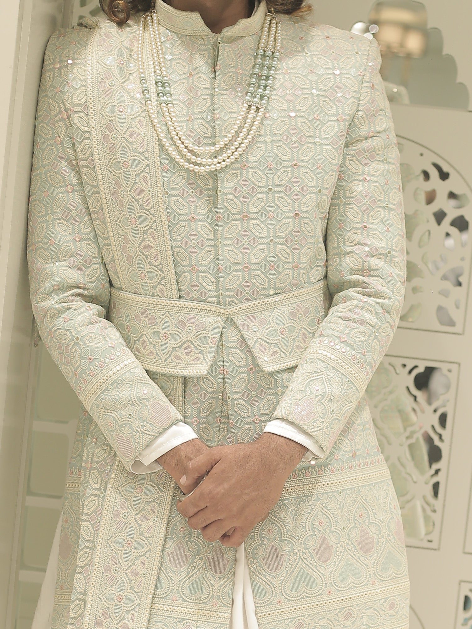 Aadhik Off Blue Sherwani with Dupatta