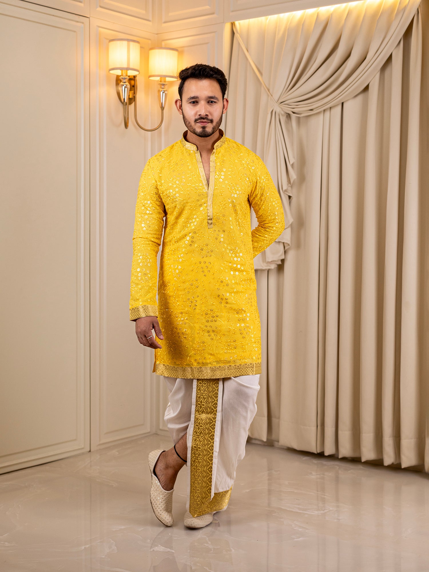 Vivan's Vibrant Citrine Kurta with White Dhoti