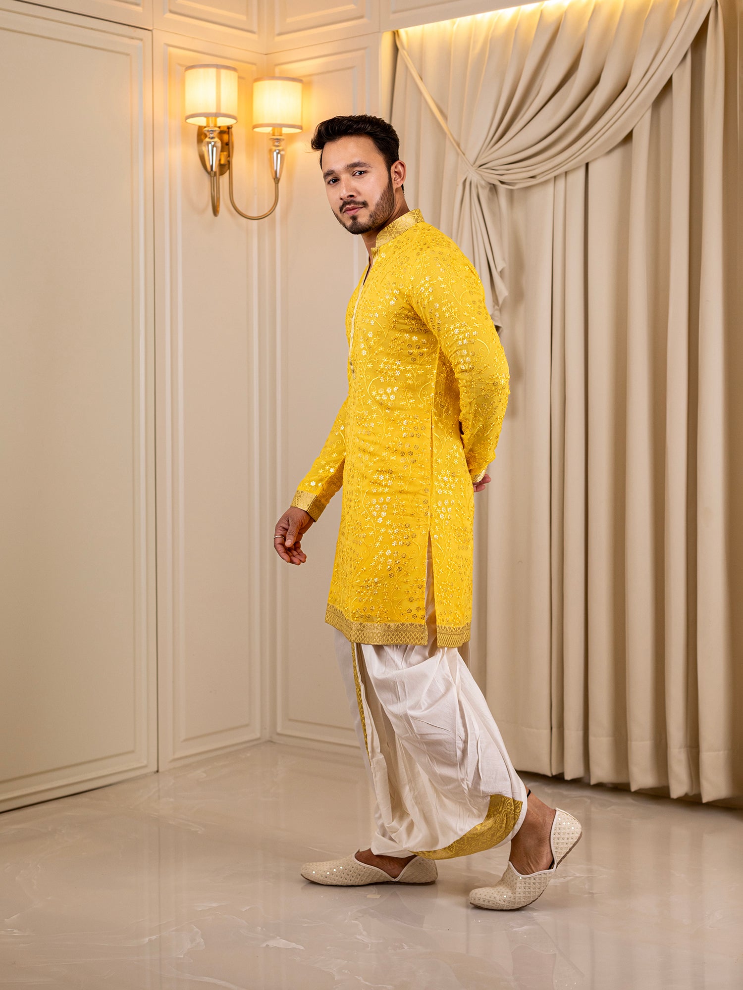 Vivan's Vibrant Citrine Kurta with White Dhoti