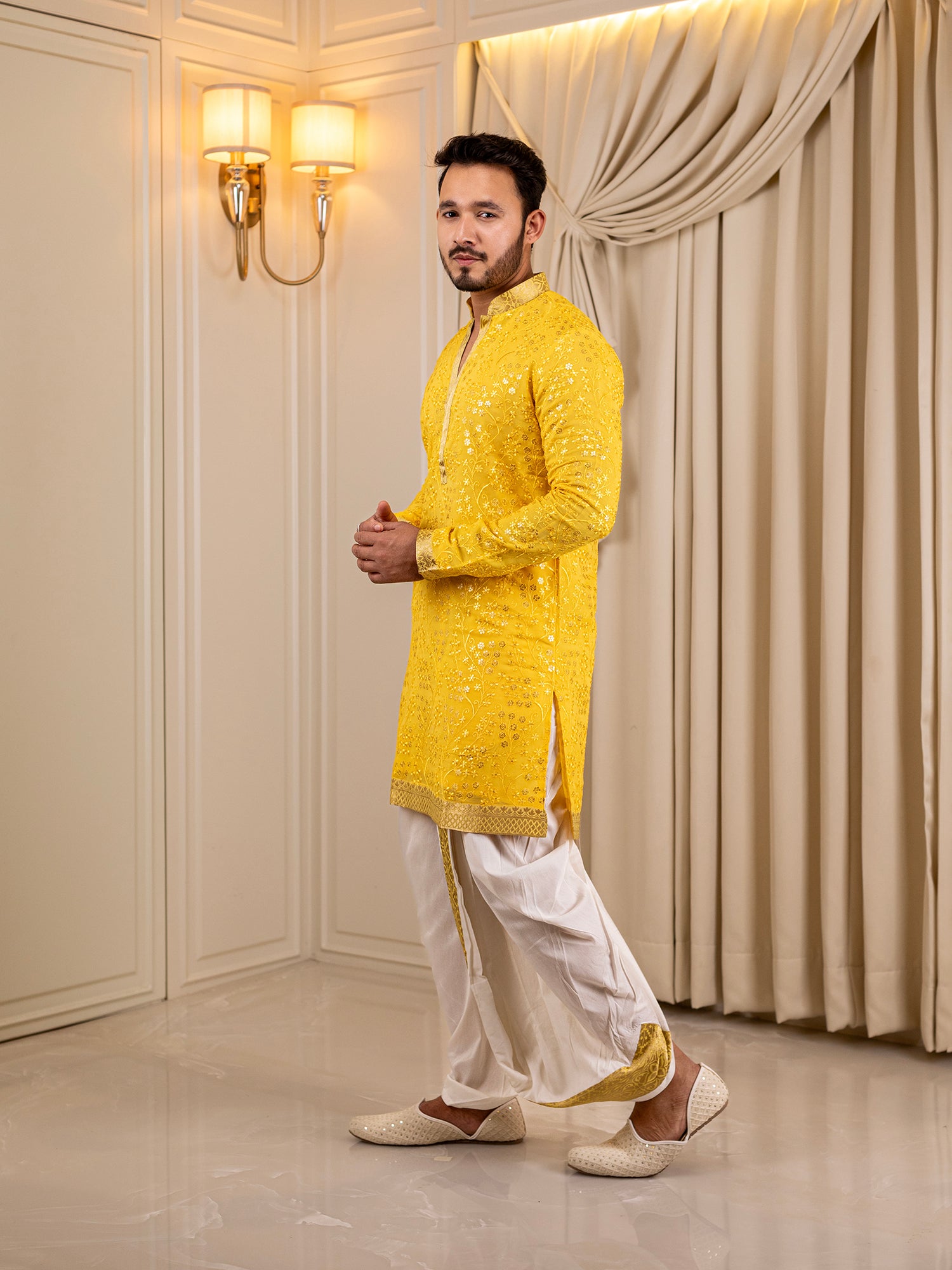 Vivan's Vibrant Citrine Kurta with White Dhoti