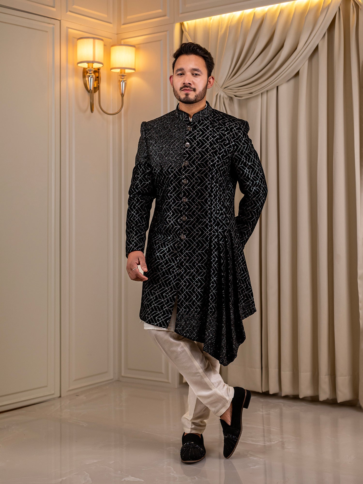 Chetan's Creamy Canvas with Ebony Elegance Kurta Pajama