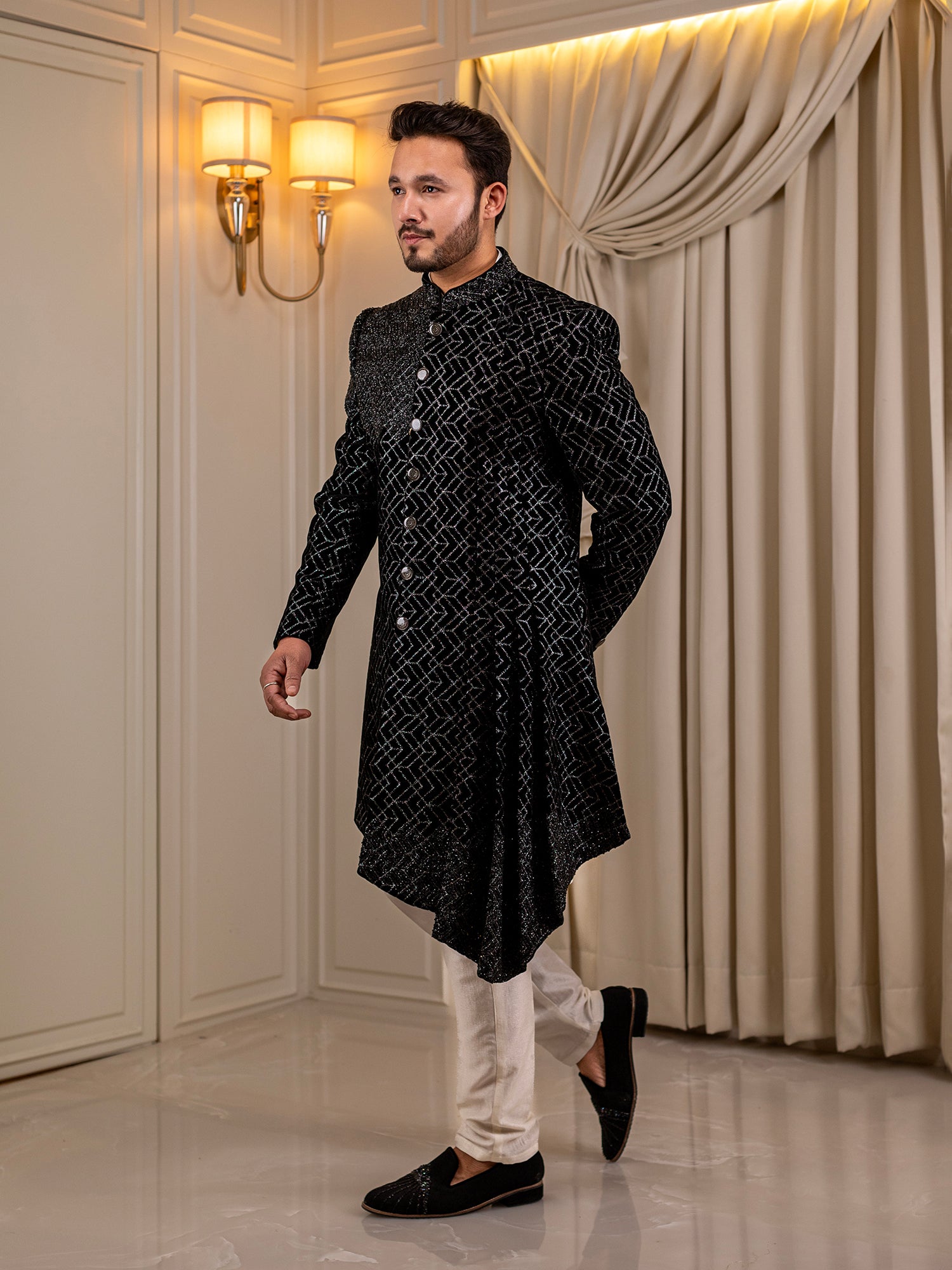 Chetan's Creamy Canvas with Ebony Elegance Kurta Pajama