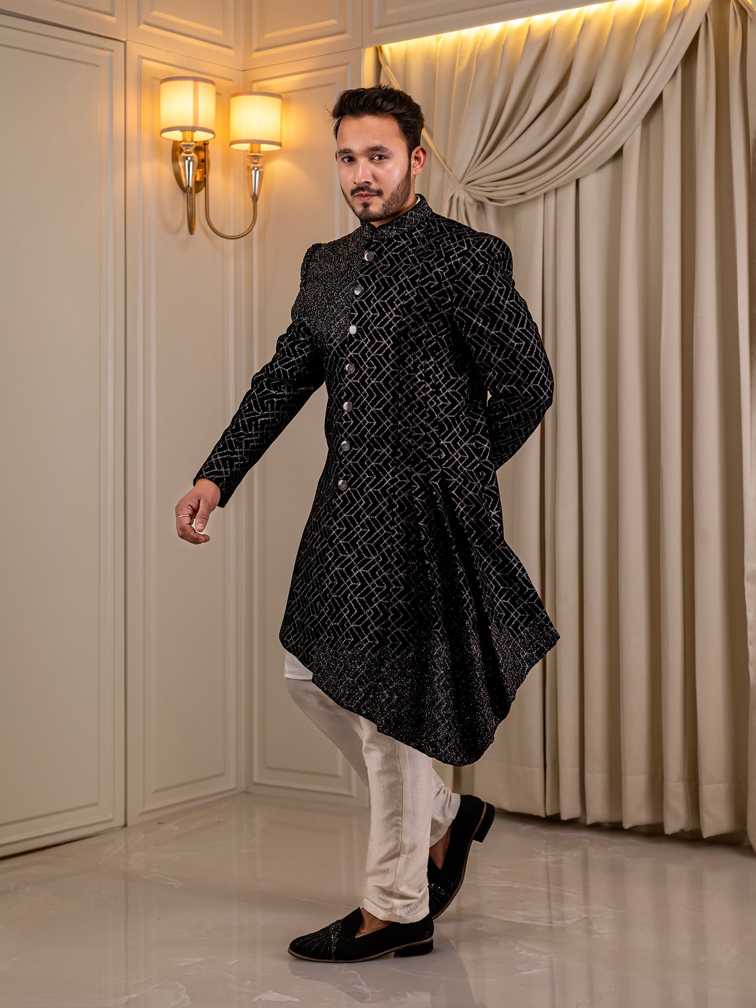 Chetan's Creamy Canvas with Ebony Elegance Kurta Pajama