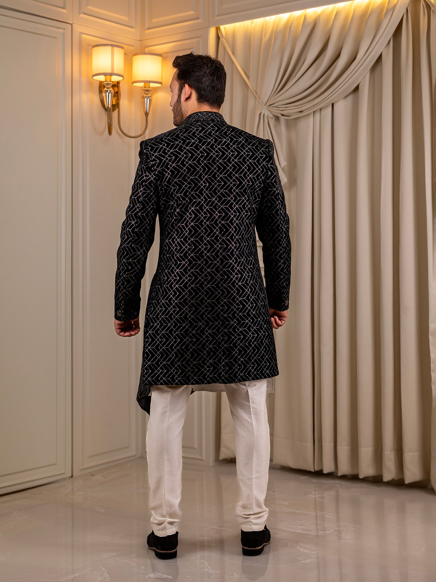 Chetan's Creamy Canvas with Ebony Elegance Kurta Pajama