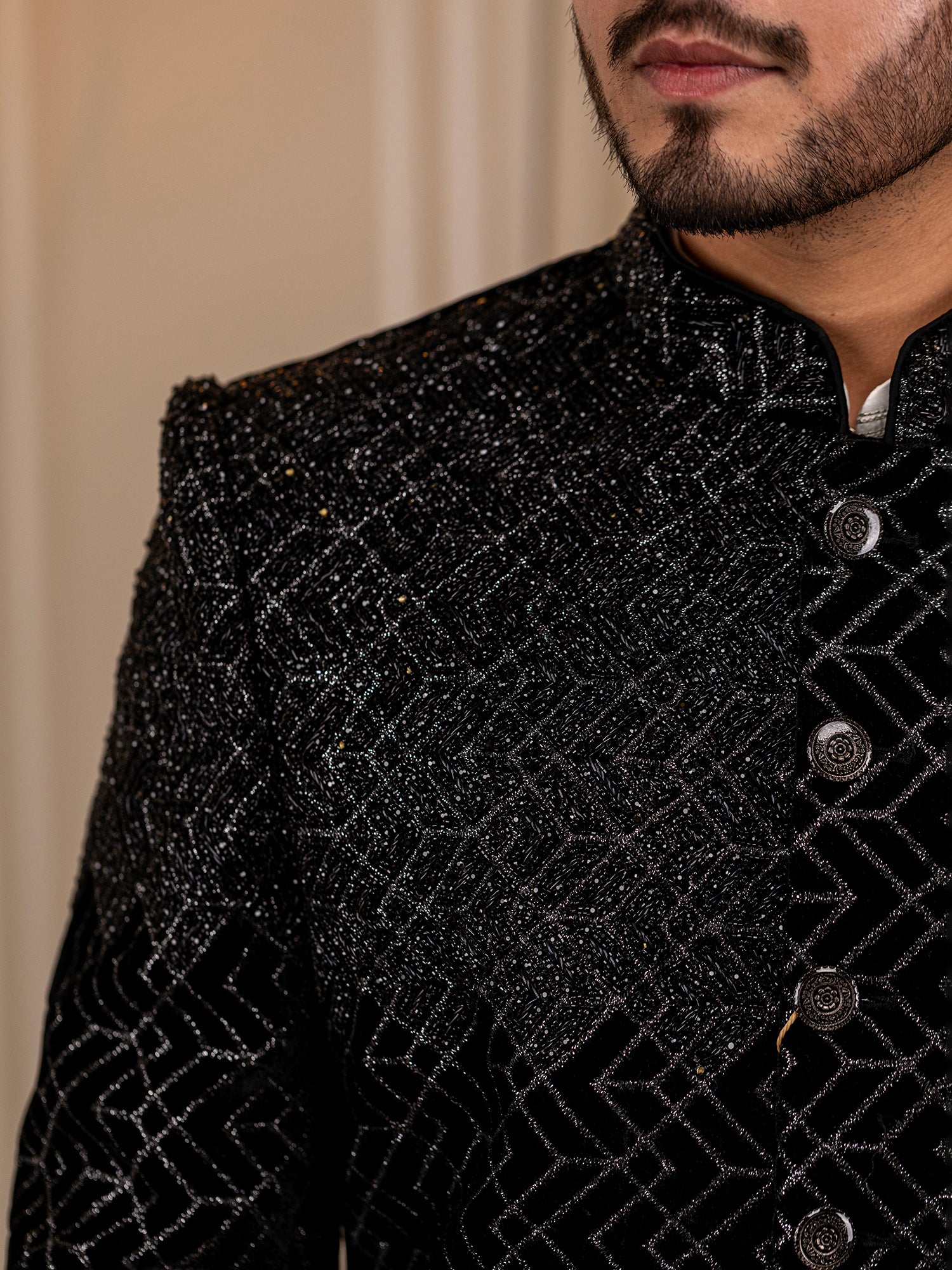Chetan's Creamy Canvas with Ebony Elegance Kurta Pajama