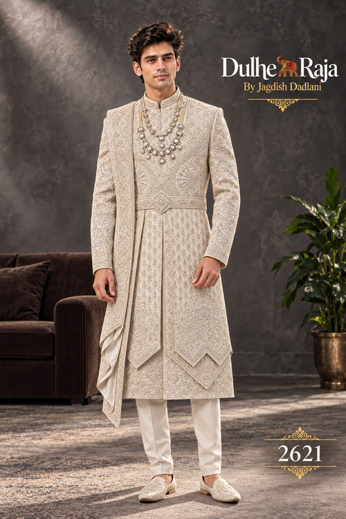 Beige pleated front wedding sherwani - Dulhe Raja Bhopal design 2621-ANMOL