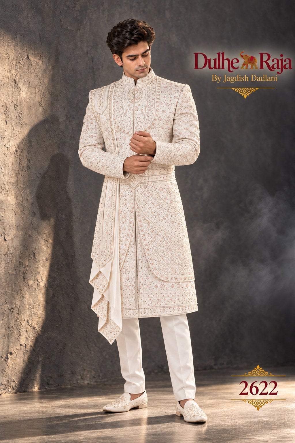 Ivory cascade wedding sherwani side view - design 2622-S3