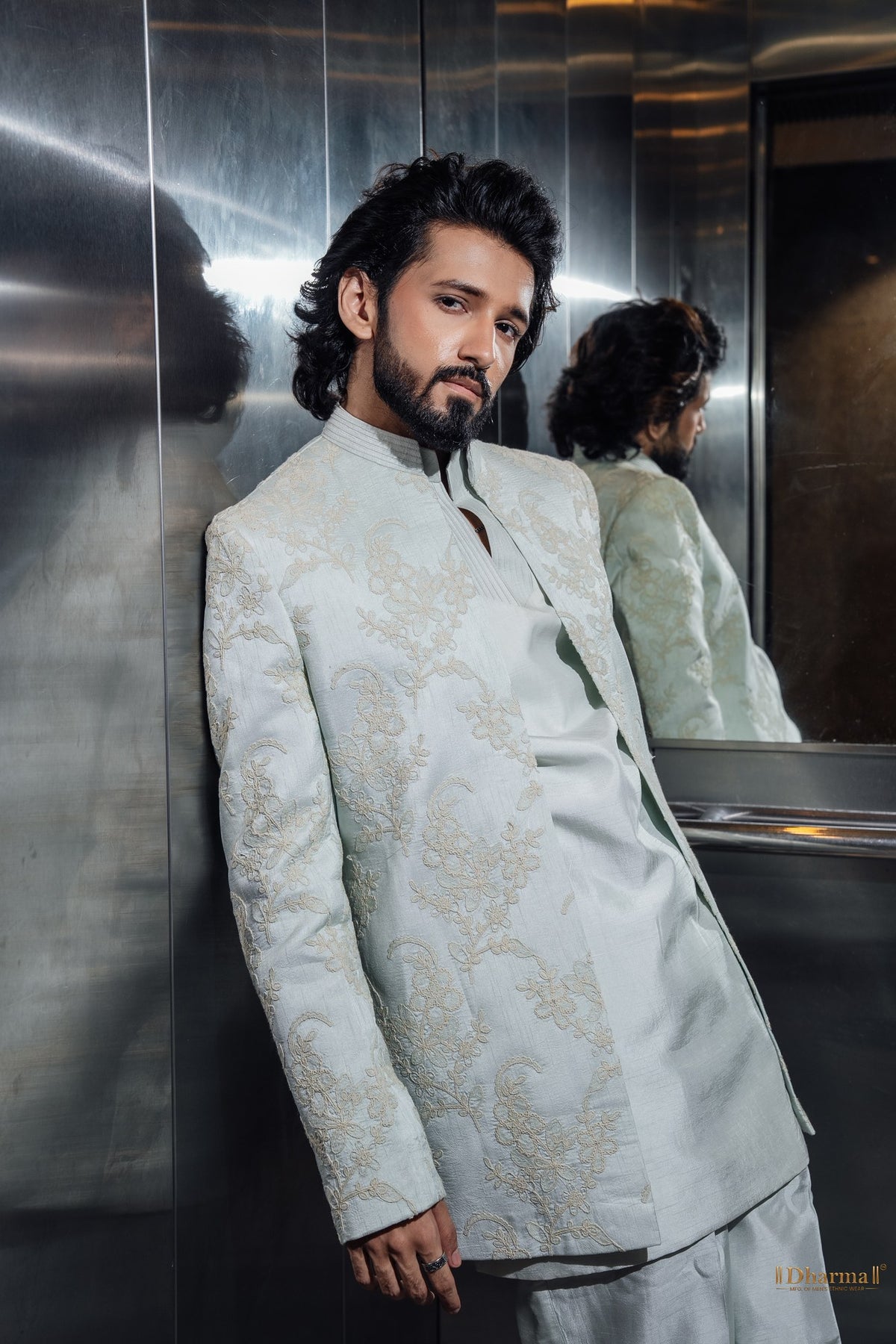 Shabnam mint silk floral embroidered open indo western for groom - Dulhe Raja Bhopal design 10030