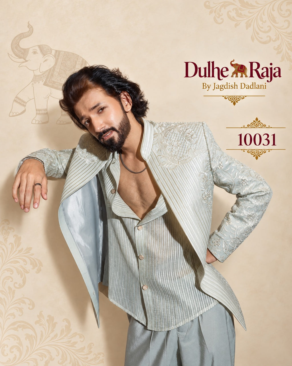 Sage green open indo western for groom with tonal embroidery, design 10031 - Dulhe Raja Bhopal