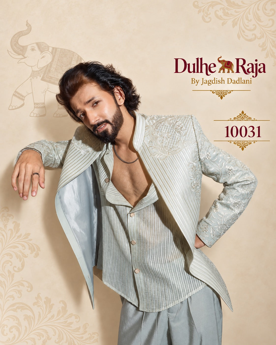 Sage green open indo western for groom with tonal embroidery, design 10031 - Dulhe Raja Bhopal