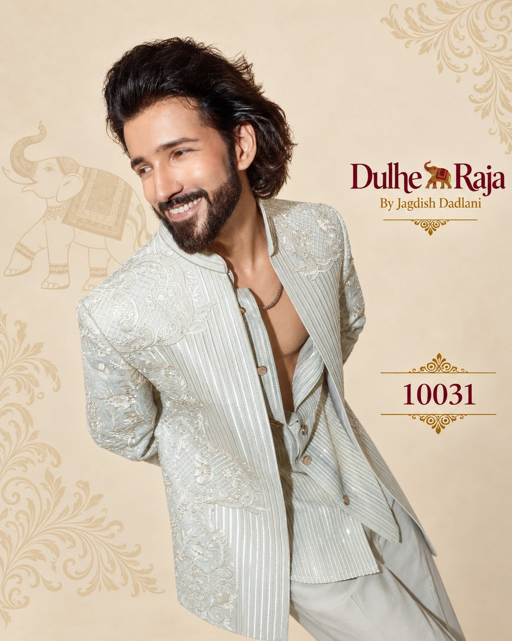 Sage indo western jacket collar and panel embroidery detail, design 10031