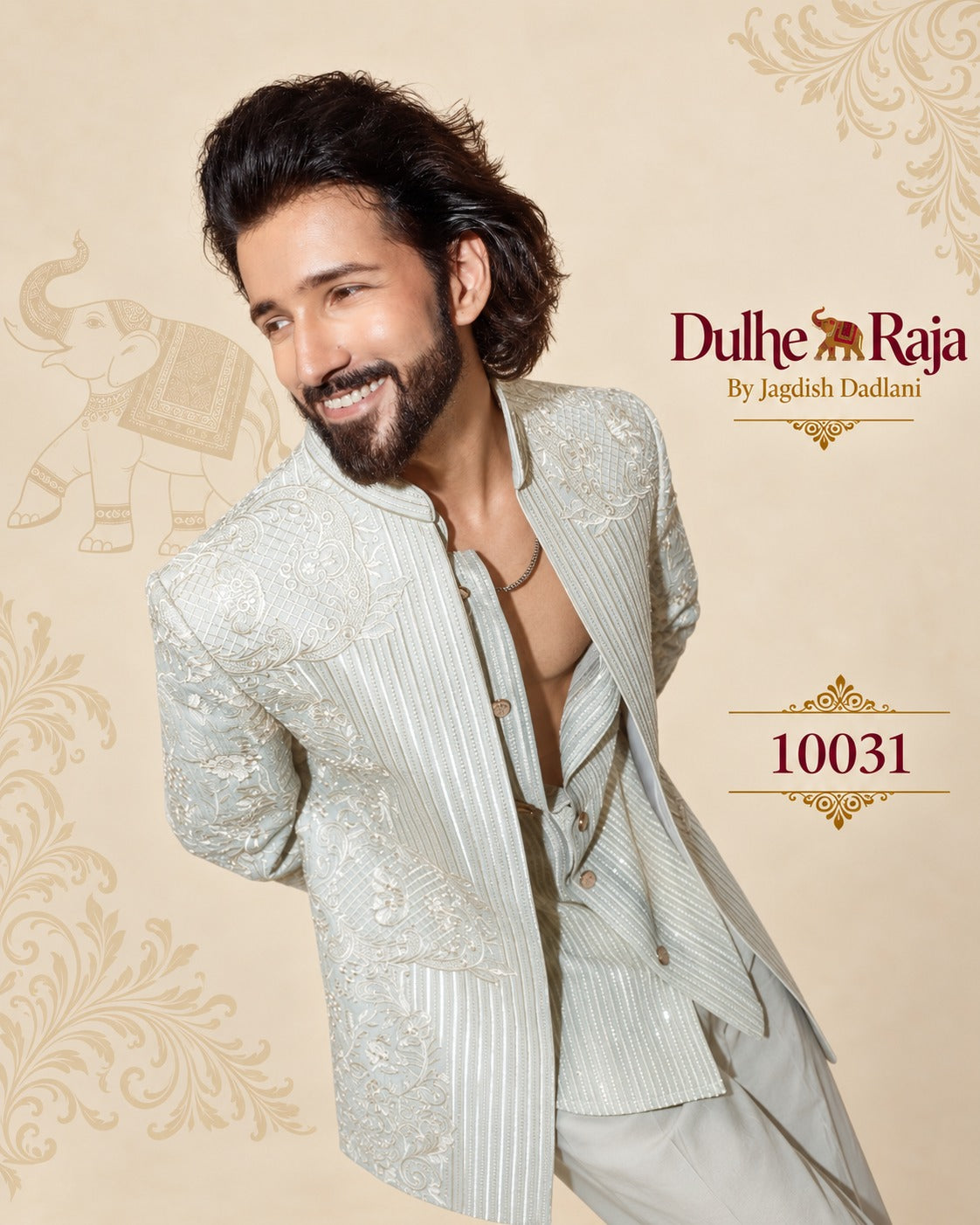 Sage indo western jacket collar and panel embroidery detail, design 10031