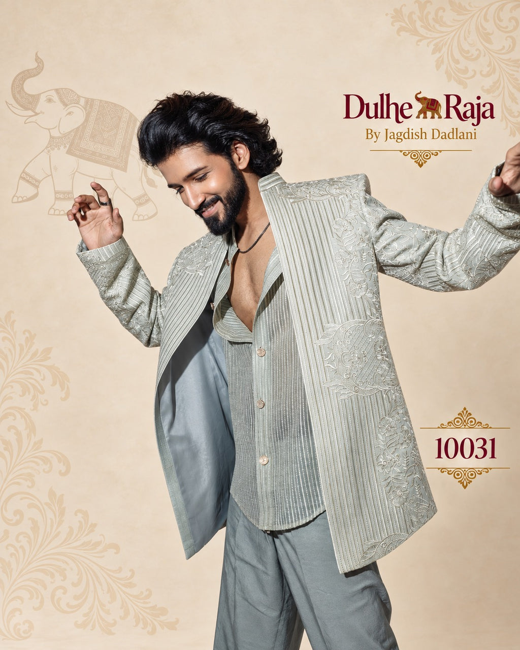 Sage grey indo western with striped shirt kurta, design 10031