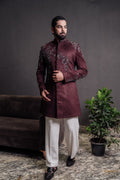 Mehroon Shaam wine suede embroidered bandhgala with ivory trousers - Dulhe Raja Bhopal design 10049