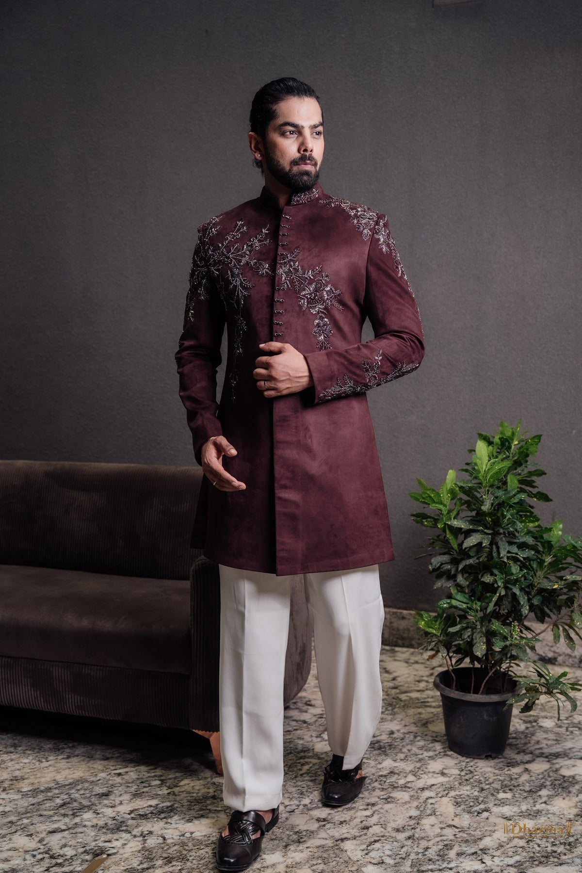 Mehroon Shaam wine suede embroidered bandhgala with ivory trousers - Dulhe Raja Bhopal design 10049
