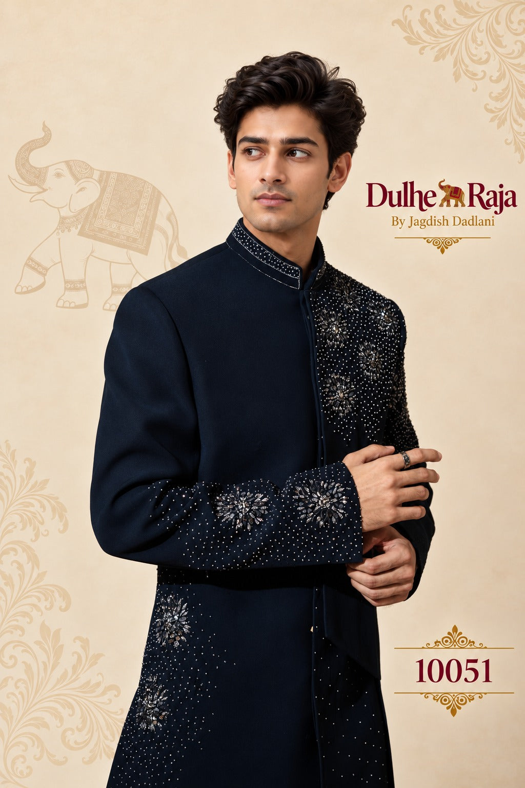 Navy blue crystal work wedding sherwani for groom, design 10051 - Dulhe Raja Bhopal