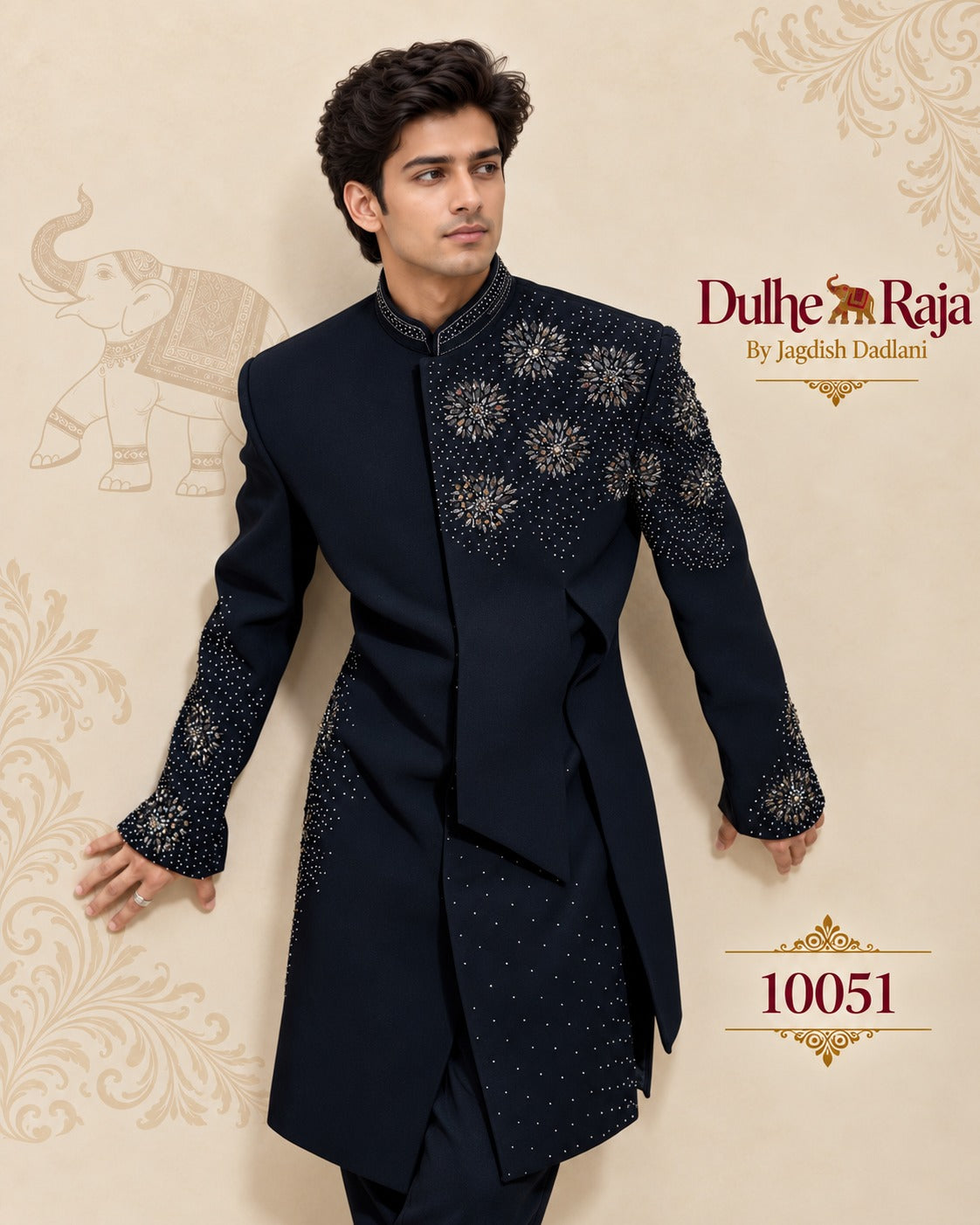 Navy sherwani silver crystal starburst embroidery detail, design 10051