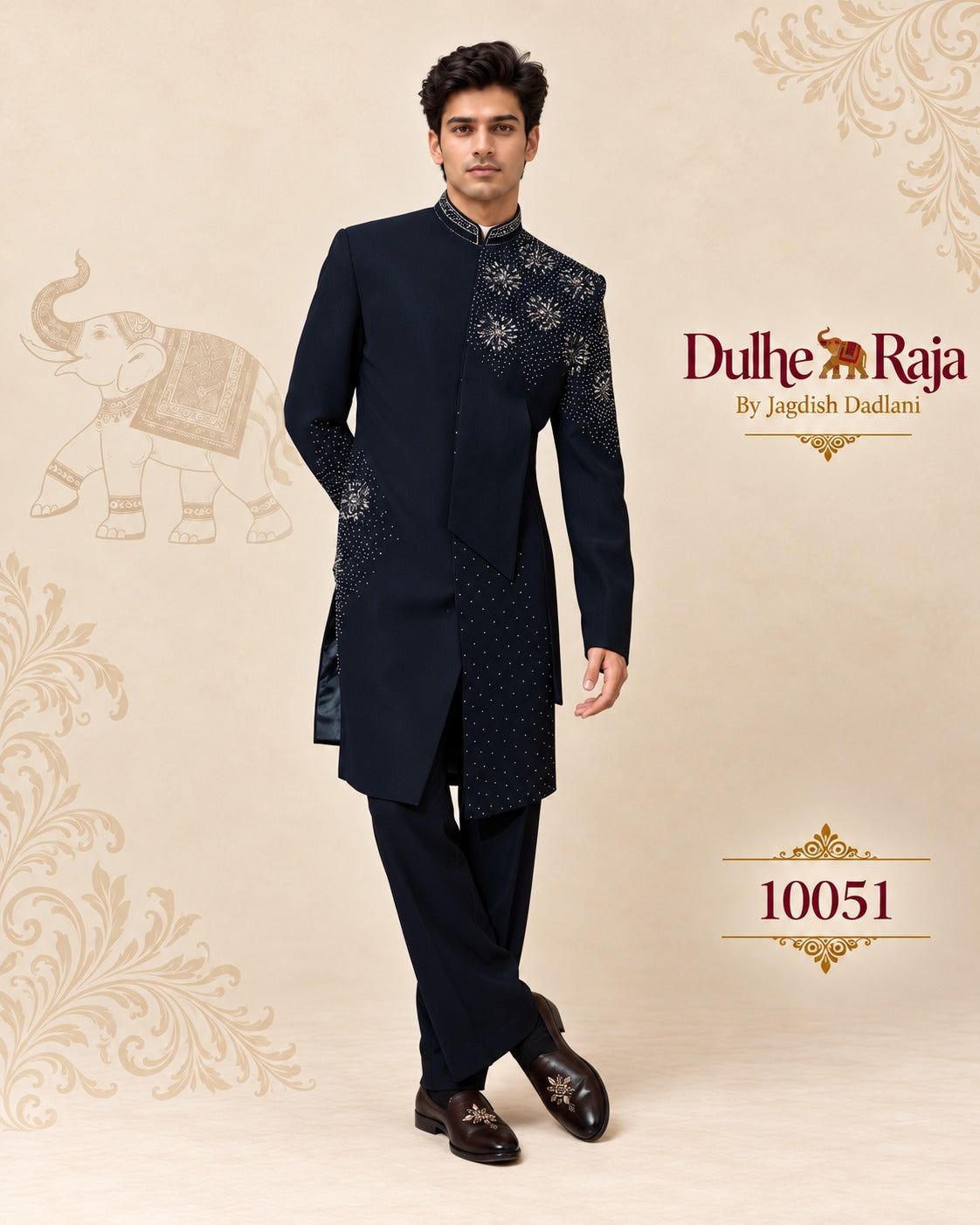 Navy blue wedding sherwani collar and placket, design 10051