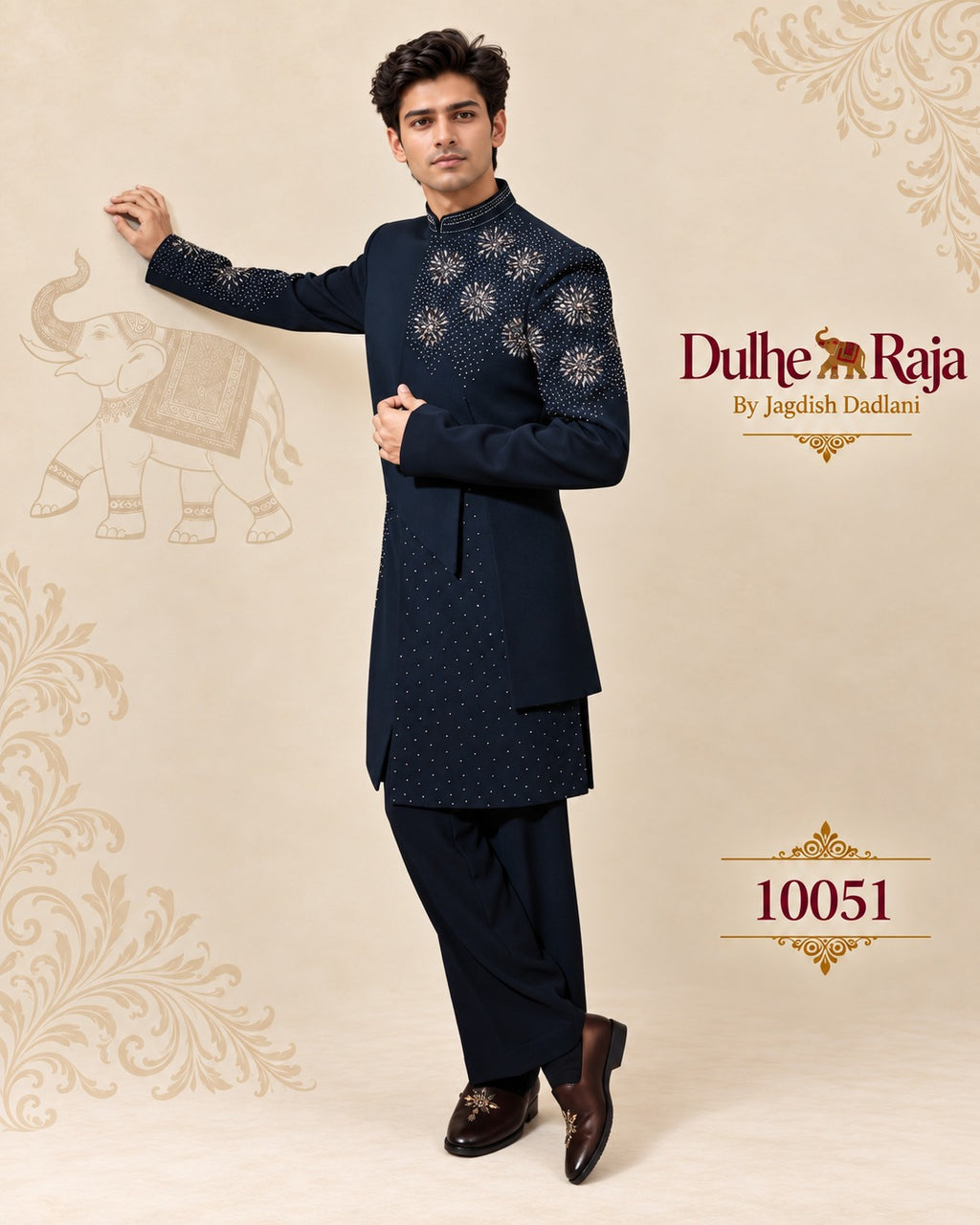 Navy sherwani full look with matching trousers, design 10051