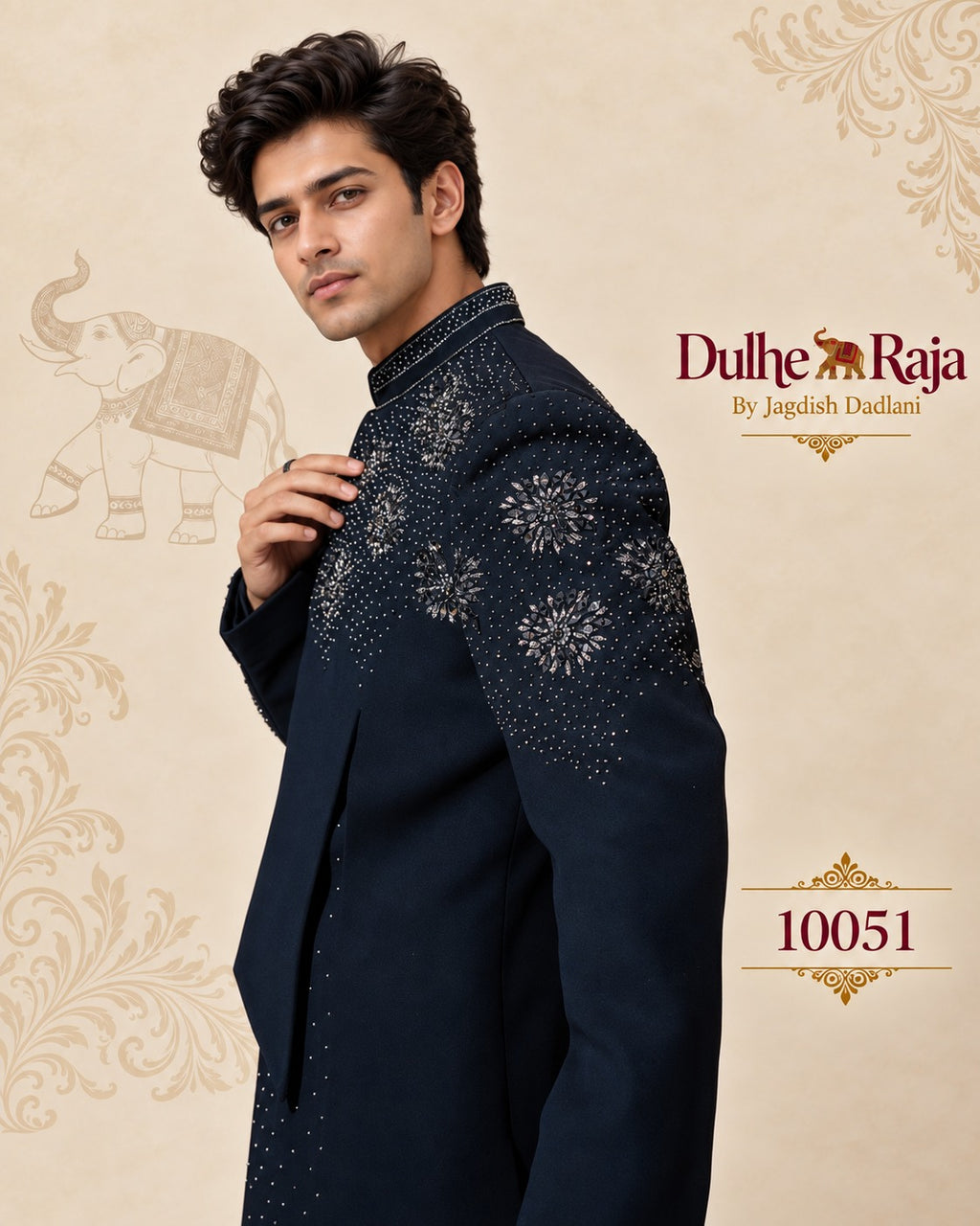 Navy crystal work sherwani side profile for reception and sangeet, design 10051