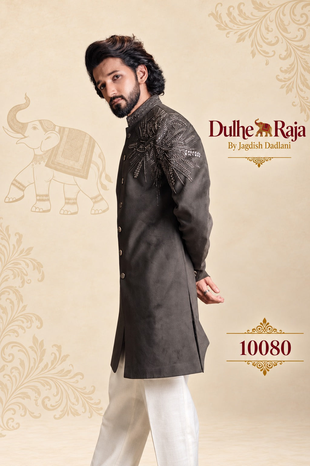 Olive brown short sherwani for groom with shoulder embroidery, design 10080 - Dulhe Raja Bhopal