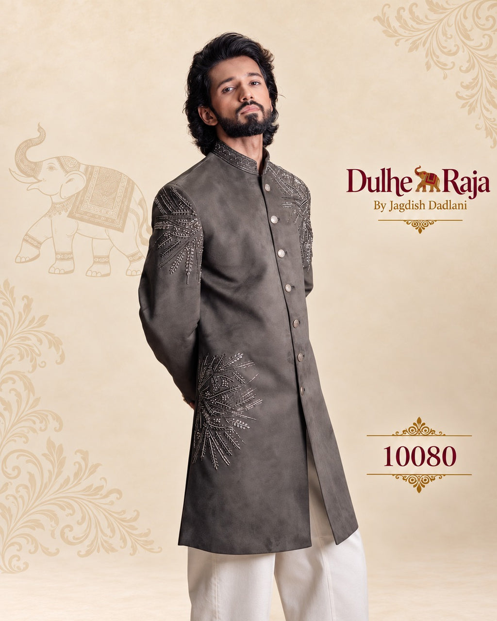 Olive brown short sherwani embroidery detail, design 10080