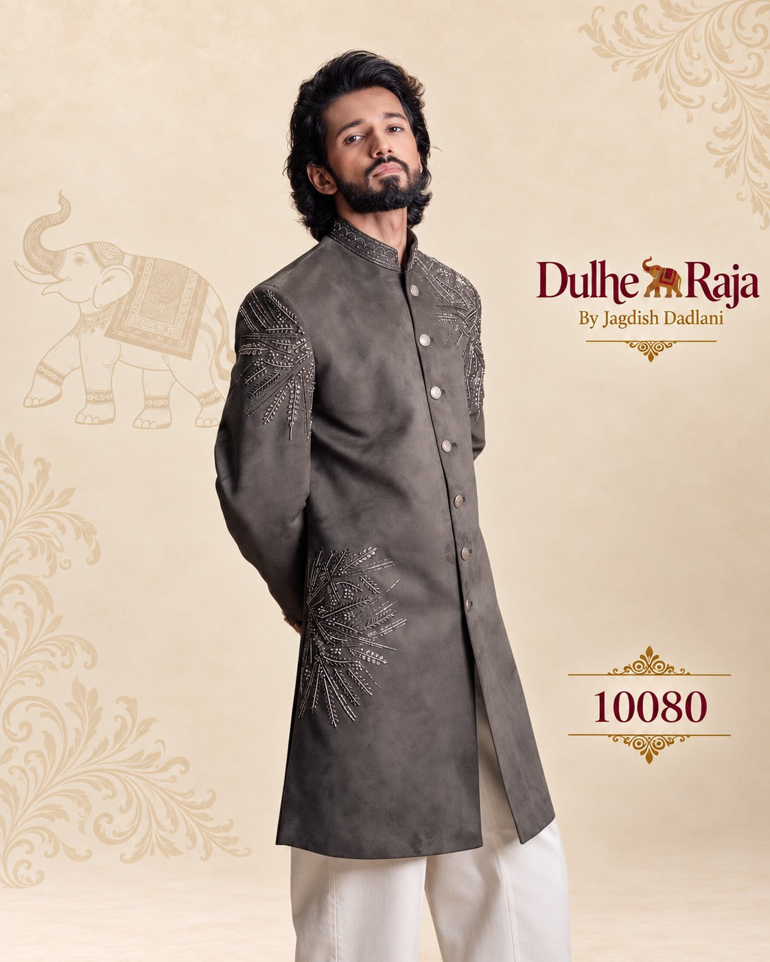 Olive brown short sherwani embroidery detail, design 10080