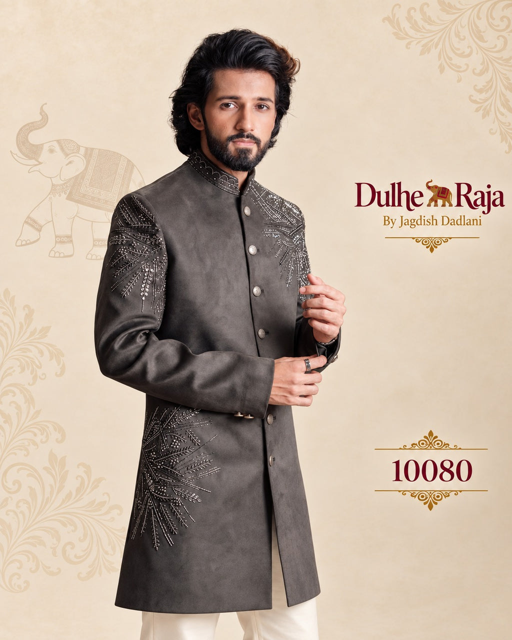 Olive brown short sherwani full look with ivory trousers, design 10080