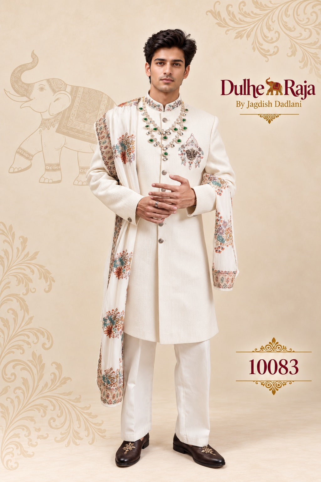 Ivory wedding sherwani with floral embroidered dupatta, design 10083 - Dulhe Raja Bhopal