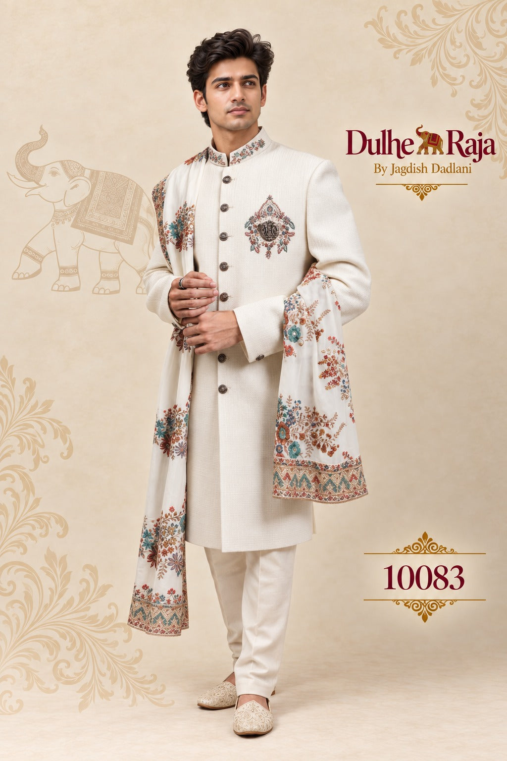 Ivory groom sherwani set dupatta and collar detail, design 10083