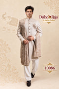 Beige wedding sherwani with zardozi dupatta for groom, design 10086 - Dulhe Raja Bhopal