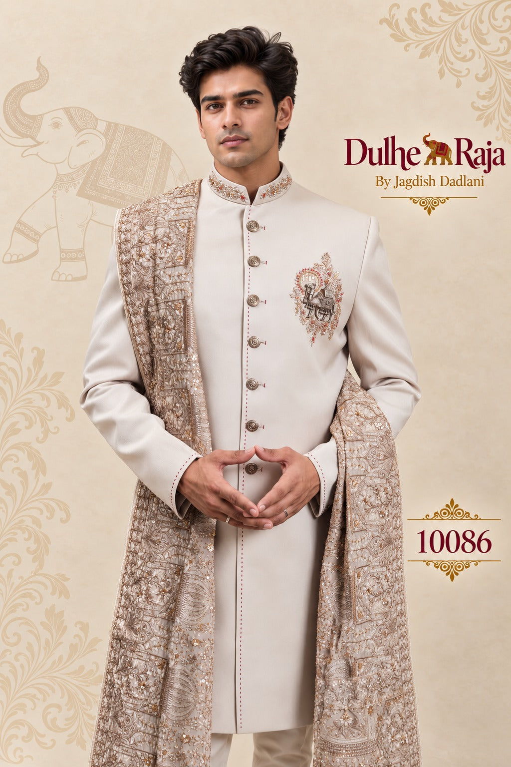 Beige sherwani gold crest and zardozi dupatta detail, design 10086