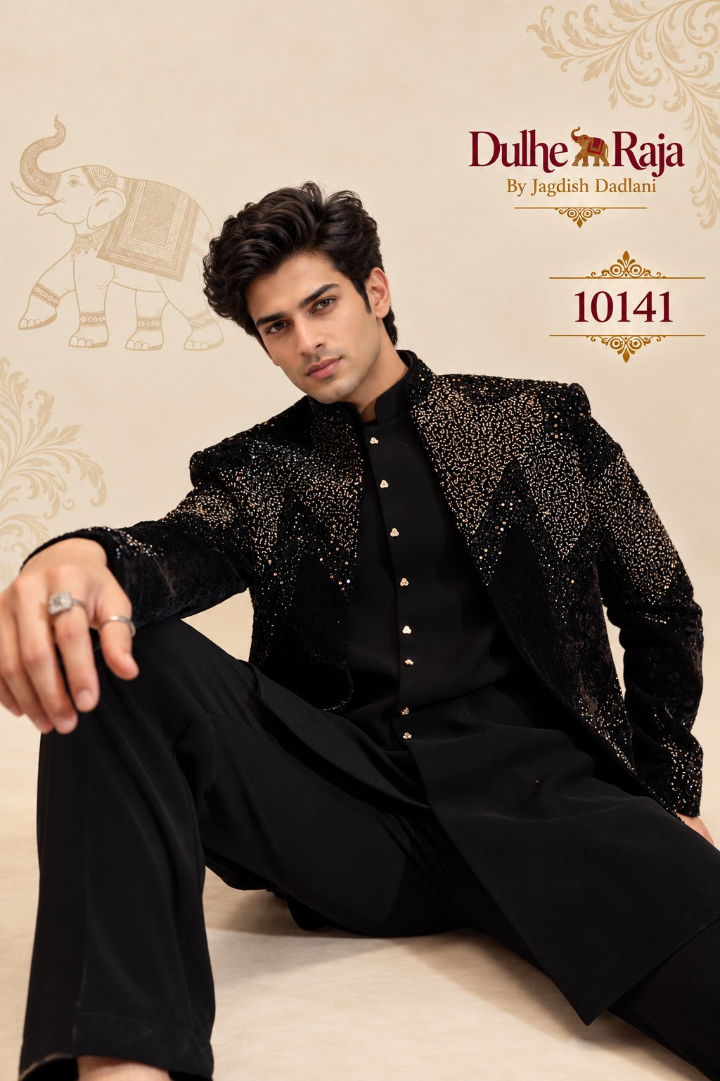 Black gold shimmer open indo western for groom, design 10141 - Dulhe Raja Bhopal