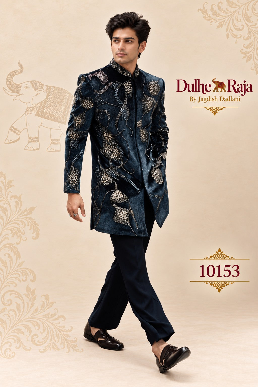 Teal velvet embroidered indo western for groom, design 10153 - Dulhe Raja Bhopal