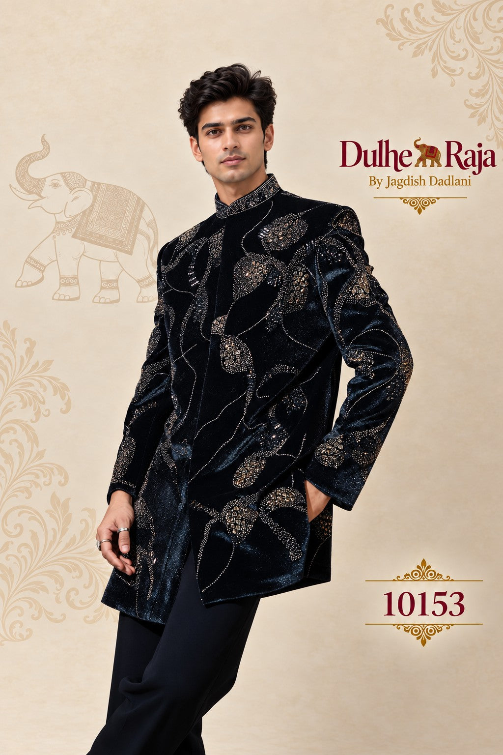 Teal velvet indo western silver and gold feather embroidery detail, design 10153