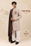 Beige wedding sherwani with rust printed dupatta, design 10192 - Dulhe Raja Bhopal
