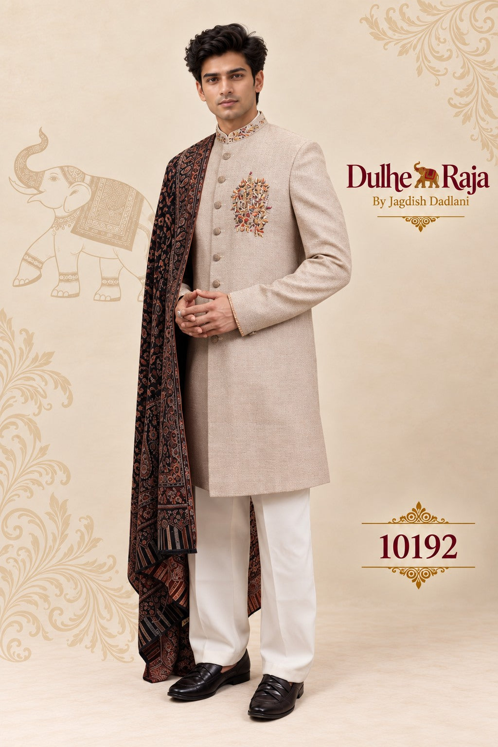 Beige wedding sherwani with rust printed dupatta, design 10192 - Dulhe Raja Bhopal