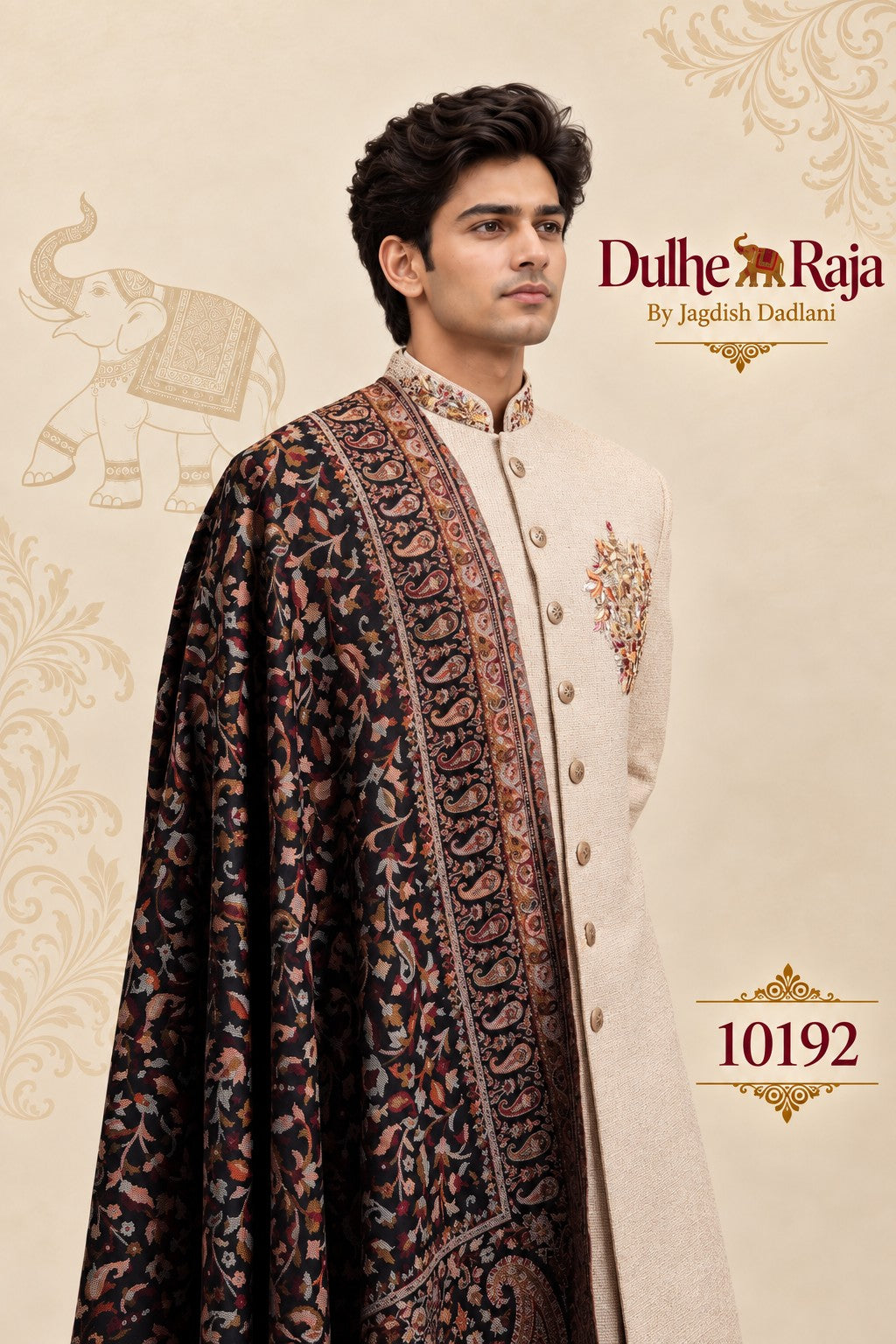 Beige sherwani gold floral crest and dupatta detail, design 10192
