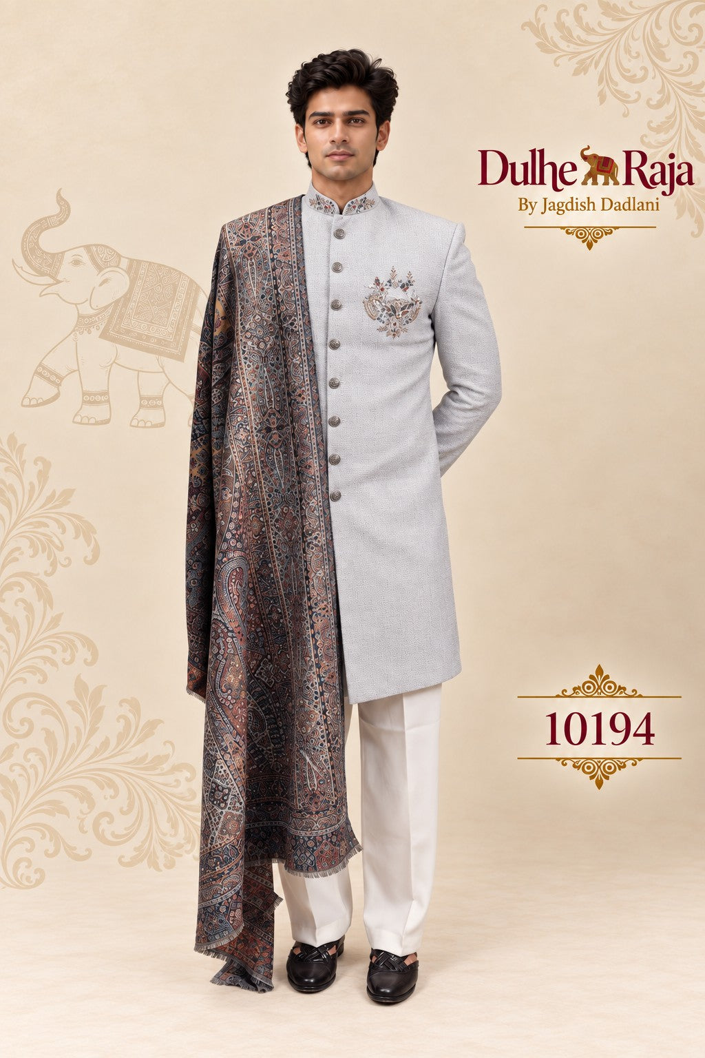 Grey wedding sherwani with printed dupatta for groom, design 10194 - Dulhe Raja Bhopal