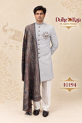 Grey wedding sherwani with printed dupatta for groom, design 10194 - Dulhe Raja Bhopal