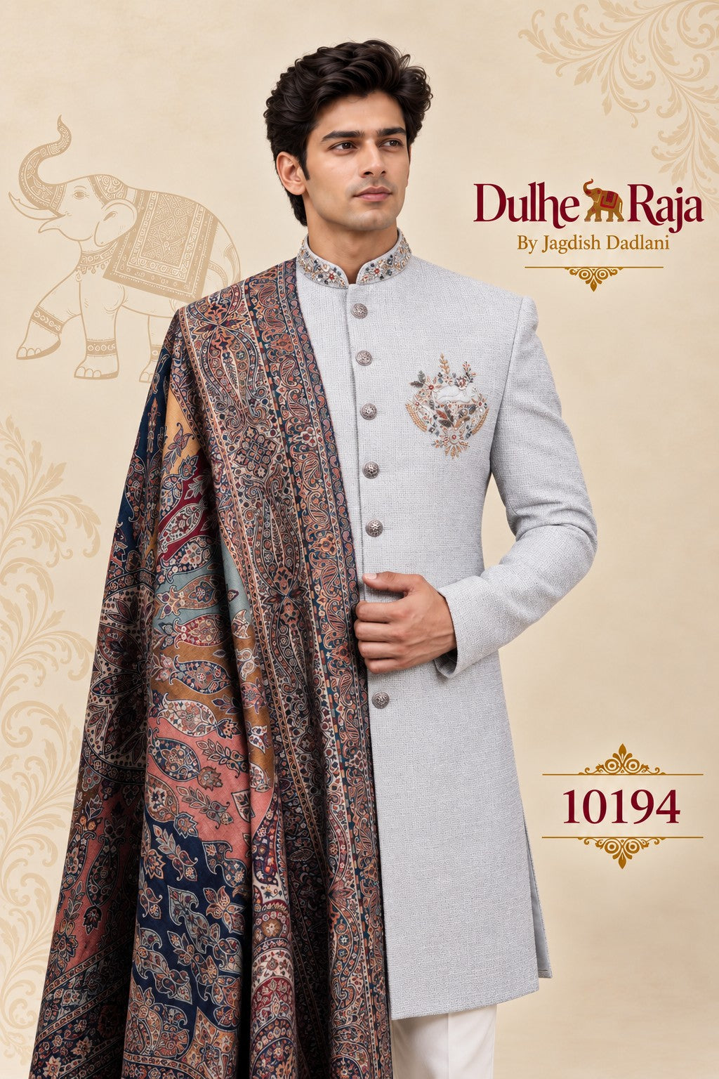 Grey sherwani silver crest and multi colour dupatta detail, design 10194