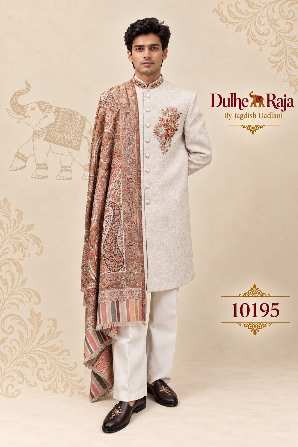 Ivory wedding sherwani with floral crest and peach dupatta, design 10195 - Dulhe Raja Bhopal